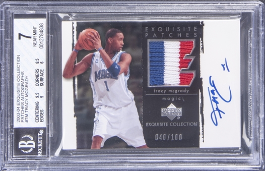 2003-04 UD "Exquisite Collection" Patches Autographs #TM Tracy McGrady Signed Patch Card (#040/100) - BGS NM 7/BGS 10